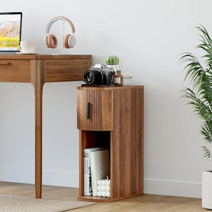 Janmer Home Fluted Narrow Nightstand for Bedroom, Curved Slim Storage End Table with Drawer, Side Table, Wooden Bedside Cabinet for Small Spaces, Walnut - color: Walnut