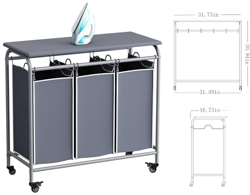 LINZINAR 3-Bag Laundry Hamper with Ironing Board, Grey 135L Laundry Sorter | Laundry Room Organization with Heavy Duty Rolling Lockable Wheels and Removable Bag, Bedroom Laundry Cart for Clothes Storage - size: 3 Bags Grey with Board