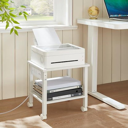 YUFAM 2 Tier Under Desk Printer Stand with Charging Station, White | Wooden Small Printer Table for Home Office, Rolling Printer Cart Shelf with Lockable Wheels - color: White, size: 11.8"D×15.7"W×15.3"H(With USB)