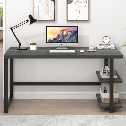 EXCEFUR Industrial Computer Desk, Home Office Desk with Storage Shelves, Wood Study Writing Table for Bedroom, Living Room, Grey, 53 Inch - color: Grey