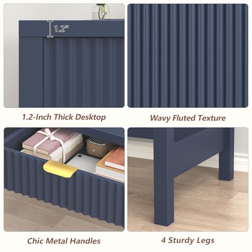 YOMILUVE Fluted Computer Desk with 2 Drawers, 39 Inch Small Computer Desk with Storage, Compact Writing Study Desk for Small Spaces, Blue - color: Blue