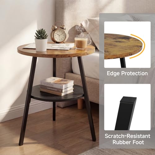 Small Round Side Table, End Tables Living Room, Rustic Brown | 2-Tier Side Table with Storage Shelf for Small Spaces, Bedside Accent Table for Living Room, Bedroom, Metal Frame & Wood Top - color: Rustic Brown
