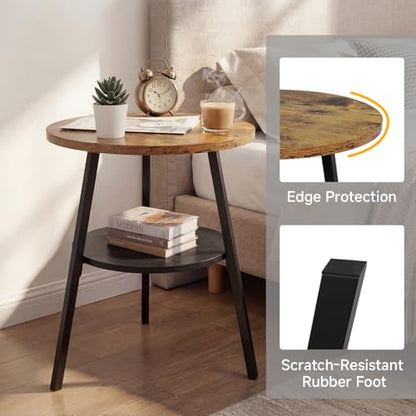 Small Round Side Table, End Tables Living Room, Rustic Brown | 2-Tier Side Table with Storage Shelf for Small Spaces, Bedside Accent Table for Living Room, Bedroom, Metal Frame & Wood Top - color: Rustic Brown