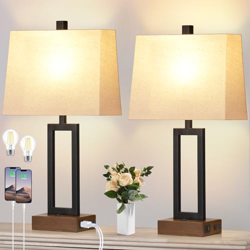 Rinweey 23.5" Table Lamps Set of 2, Modern Black Bedside Lamps with 2 USB Ports & AC Outlet, Contemporary Nightstand Lamps with Wood Base for Bedroom Living Room(LED Bulb Included) - color: Black