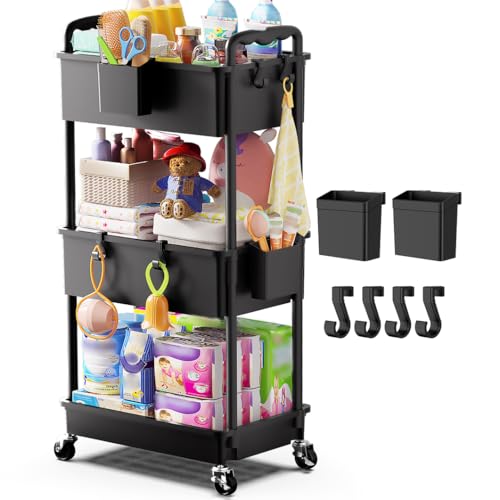 Goovilla Diaper Cart with Lockable Wheels and Easy Assembly, 3 Tier Black | Rolling Cart for Baby Nursery Storage, Sturdy Ample Diaper Caddy Organizer for Baby Girl, Boy, New Mom, Newborn Essentials - color: Black