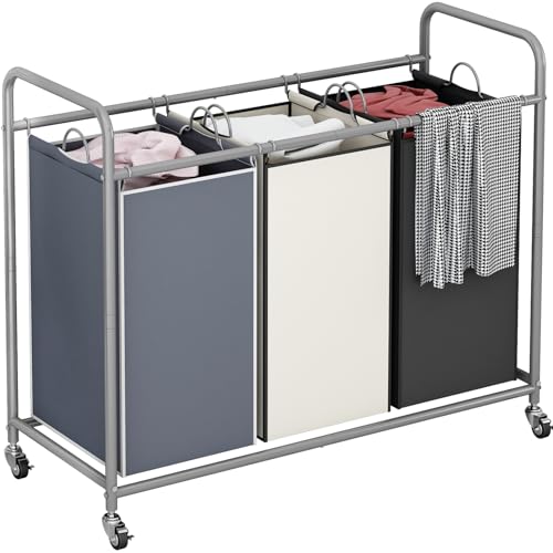 LINZINAR 3 Bags Laundry Hamper Assorted Laundry Basket 135L Laundry Sorter | Laundry Room Organization with Heavy Duty Rolling Lockable Wheels and Removable Bag, Bedroom Laundry Cart for Clothes Storage - size: 3 Bags Assorted