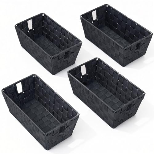 Storage Baskets for Organizing, Woven Organizer Baskets for Shelves, Small Strap Shelf Baskets for Bathroom Storage, Grey, Set of 4 - color: Woven Strap Grey, size: 4 Pack