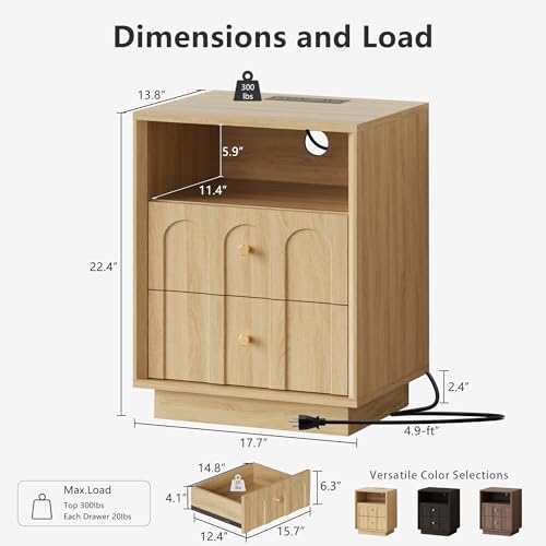 FORTUNETEC Nightstand with Charging Station, Mid Century Modern Nightstand with Arched Design, Boho End Table with Wood Grain Texture, Bedside Table for Bedroom Living Room Sofa Office, Oak - color: Oak, style: set of 1