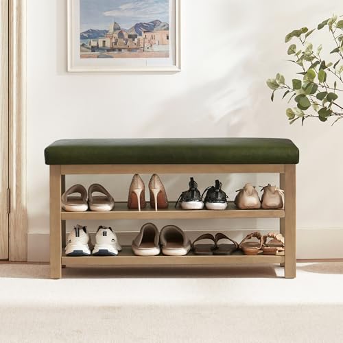 Zihanhome Shoe Rack Bench with Leather Cushion, 2 Tier Solid Wood Storage Bench, Mid-Century Modern Shoe Bench for Entryway, Hallway, Closet, Front Door Entrance, Foyer (Green, 39.4") - color: Green, size: 39.4"