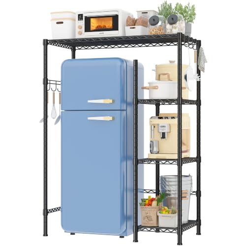REIBII Mini Fridge Stand with Storage, 4-Tier Adjustable Shelves, 380 lbs | With 8 Hooks, Fits Mini Fridge & Kitchen Appliances, Heavy Duty Steel Frame, Easy Tool-Free Assembly, Dorm & Pantry - size: 52.2"H×38.12"W×18.2"D