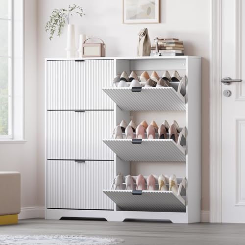 BORNOON Large Shoe Cabinet for Entryway, Tall Narrow Shoe Storage Cabinet with 6 Flip Drawers and Adjustable Shelves, Shoe Rack Cabinet Organizer for Hallway, Foyer, Small Apartment - color: White, size: 6- Drawer