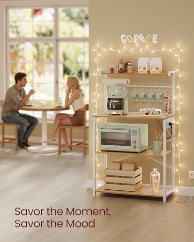 VASAGLE BARNET Collection - Kitchen Bakers Rack with Power Outlet, 31.5-Inch Wide Coffee Bar 4-Tier with 8 S Hooks, Modern Microwave Stand, Adjustable Shelf, Golden Oak and Cloud White UKKS029YA01 - color: Golden Oak + Cloud White, size: 31.5"W