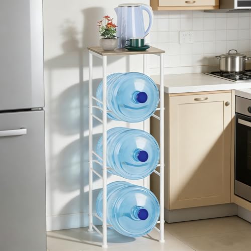 OYEAL Water Bottle Storage Holder 5 Gallon Drink Dispenser Stand with Table 3-Tier Heavy Duty Water Cooler Jug Rack Water Bottle Organizer for Kitchen, Office, Living Room, Rustic Grey - style: Round Tube Grey