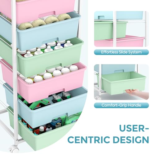 Rolling Storage Cart with 6 Drawers and Wooden Tabletop, Lockable Wheels Utility Cart for Art Studios, Office Supplies & Craft Room Organization (Rainbow) - color: Rainbow