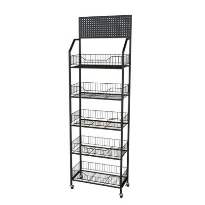 5 Tier Retail Storage Rack, Snack Rack Display Stand, Retail Display Organizer Shelves with Hooks & Wheels, Metal Snack Shelf for Store Home Kitchen, Black Chip Rack Display Stand (5 Tier) - size: 5 Tier（19.7inch）