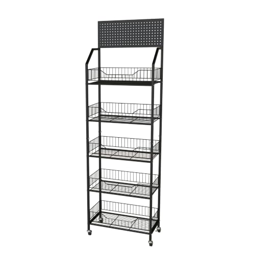 5 Tier Retail Storage Rack, Snack Rack Display Stand, Retail Display Organizer Shelves with Hooks & Wheels, Metal Snack Shelf for Store Home Kitchen, Black Chip Rack Display Stand (5 Tier) - size: 5 Tier（19.7inch）