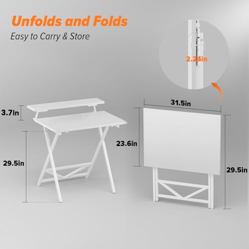 WOHOMO Folding Computer Desk with Adjustable Height, 23.6" x 31.5" x 25.6" Foldable Table with Monitor Stand, Small Office Desk for Bedroom, Space Saving Desk for Home Office, Easy Assemble, White - color: White