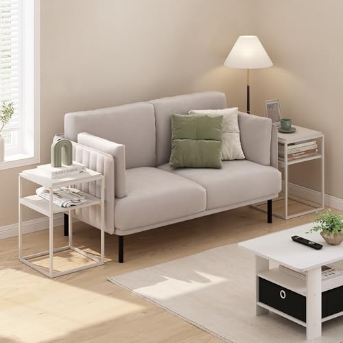 Furinno Moretti Side Table Set of 2, Stackable Metal Frame End Table with Open Shelf, Night Stand, Bedside Table, for Living Room, Bedroom, Solid White - color: Solid White/White, style: 2-Pack, Stackable Metal Frame