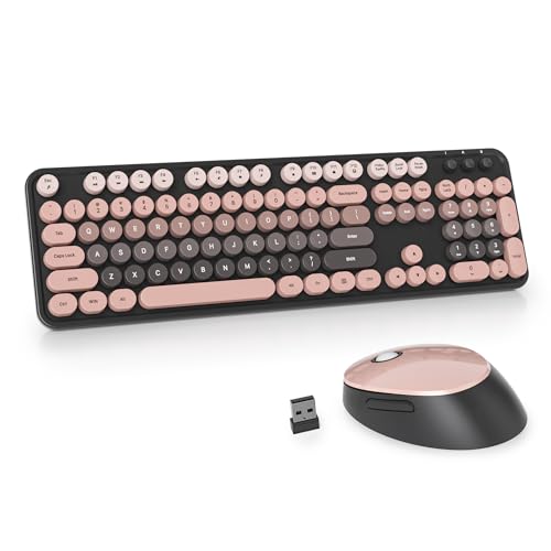Guffercty kred Pink and Black Keyboard Mouse Wireless, Retro Typewriter Round Keycaps Full-Size Wireless Keyboard 2.4GHz for Desktop Laptop and PC (Dark Plum) - color: Dark Plum