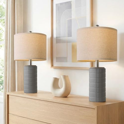 PoKat 20.75'' Ceramic Small Table Lamps for Bedroom, Modern Dark Gray Bedside Lamps Set of 2, Farmhouse Lamps for Living Room with Linen Lampshade for Night Stands Guest Room Side End Table Console - color: 20.75'' Small - Dark Grey