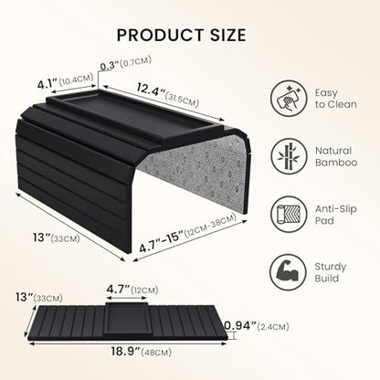 Sofa Arm Tray,Bamboo Folding Couch Arm Tray,Sofa Armrest Trays with Anti-Slip Pad for Drinks,Snacks,Phone,Remote Control（Black） - color: Black
