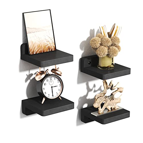 SRIWATANA Black Mini Floating Shelves, Set of 4 Small Wall Display Shelf | Compact 4-Inch Wood Shelves in Set of 4; Versatile DIY Layout to Display Small Plants, Mini Items, and Bedroom Decor - color: Black, size: 4 inch