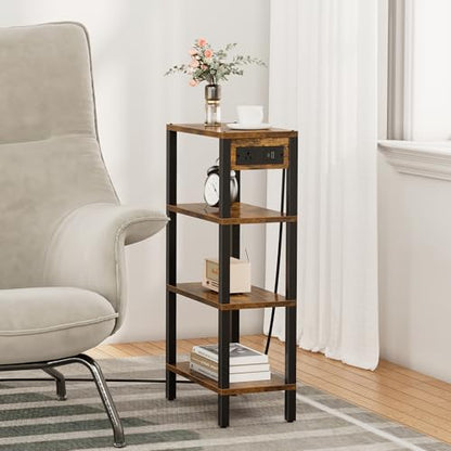 TUTOTAK Narrow Side Table Set of 2, Small End Table with Charging Station | 4-Tier Skinny Sofa Table, Slim Nightstand, Easy Assembly for Living Room, Bedroom, Brown TB01BB0802 - color: Brown, size: 4-tier