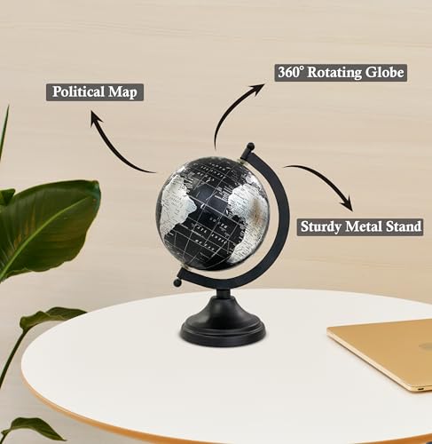 5" World Globe With Sturdy Metal Stand (NOT PLASTIC!) - Desktop Globes For Home Desk Table Office Decor - Book Shelf Decor Globe - 5 Inch - Metallic Black
