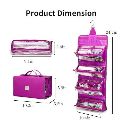 Roll Up Makeup Bag, Travel Toiletry Bag for Women with 4 Clear TSA Approved Pouches, Hanging Travel Organizer, Folding Cosmetic Bag for Men and Women - color: Purple