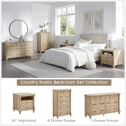 T4TREAM 24" Farmhouse Nightstands with 2 Drawers, Natural Oak | 4 Solid Wood Feet, Charging Station, Tall Rustic Wood Square, Sofa Side Table, Living Room, Bedroom - color: Natural Oak