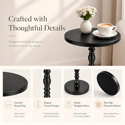Round Side Table, Solid Wood Pedestal Drink Table for Small Spaces, Modern Accent End Table with Non-Slip Base for Living Room, Bedroom, Sofa Couch, Black - color: Black
