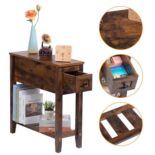 Brown 2 Pack Chairside Narrow End Table with Drawer, Solid Recliner Side Table with Storage Shelf, Slim Nightstand Bedside Table for Bedroom - size: 2 set brown