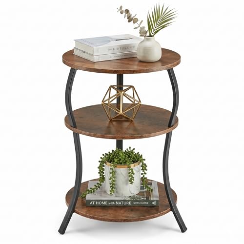 Round Side Table, 3-Tier End Table with Storage Shelf for Narrow and Small Spaces, Round Sofa Table Vintage Corner Tables for Living Room,Bedroom Nightstand/Rustic Brown - color: Rustic Brown