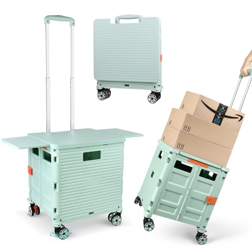 Foldable Utility Cart Folding Portable Rolling Crate with Magnetic Extended Lid,360°Rotate Wheels,176LBS Load Capacity,Heavy Duty Durable Dolly Cart for Teacher Tourist Shopping Office Outdoor - color: Green, size: Magnetic Extended Lid