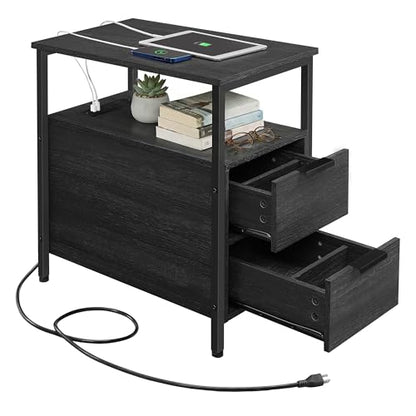 VASAGLE Side End Table with Charging Station, Slim Nightstand with 2 Drawers, Narrow Bedside Table for Living Room, Small Spaces, Charcoal Gray and Ink Black ULET321B22V1S - color: Charcoal Gray + Ink Black, size: 23.6"D x 11.8"W