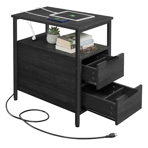 VASAGLE Side End Table with Charging Station, Slim Nightstand with 2 Drawers, Narrow Bedside Table for Living Room, Small Spaces, Charcoal Gray and Ink Black ULET321B22V1S - color: Charcoal Gray + Ink Black, size: 23.6"D x 11.8"W