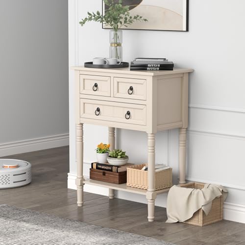 Giantex Entryway Table with Storage, Rustic Small Console Table w/ 3 Drawers & Open Bottom Shelf, Skinny Wood Console Table, Narrow Sofa Side Table for Living Room, Foyer, Hallway, Entry Table, Beige - color: Beige