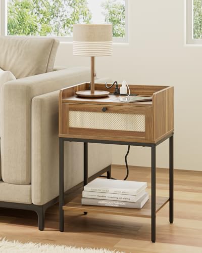 Nightstand with Charging Station,3-Tier Bedside Table for Small Space,Modern Night Stand with Storage Drawer and Shelf,Small Side Table for Bedroom,Living Room,Walnut Brown - color: Walnut With Charging Station
