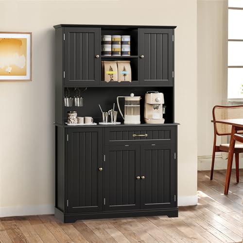 Gizoon Kitchen Pantry Cabinet with Countertop Kitchen Hutch Storage Cabinet 67.7" Tall Pantry Coffee Bar with Storage for Dining Room and Craft Room, Painted Black - color: Black