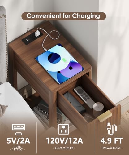 Akxomel Narrow Fluted Nightstands Set of 2, Wooden Slim Bedside Table with Charging Station, Mid-Century Modern Night Stand with Drawer and Open Shelf, Small Side End Table, for Bedroom, Walnut - color: Walnut