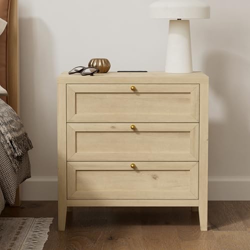 3 Drawer Nightstand Set of 2, Farmhouse Large Bedside End Table with Charging Station, Mid Century Wood Night Stand for Sofa, Bedroom, Light Oak - color: Light Oak, size: 2 PCS (3 Drawers)