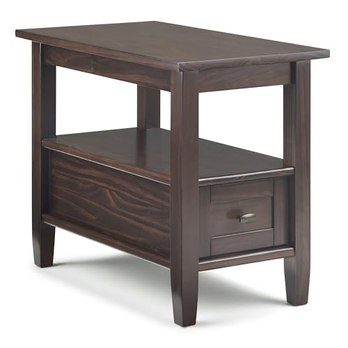 SIMPLIHOME Warm Shaker End Table - 14 inch Wide Solid Wood Narrow Side Table in Brunette Brown, Transitional Accent Table for Living Room or Bedroom with Drawer, Open Shelf and Square Tapered Legs - color: Tobacco Brown, size: 14 inch, style: End Table