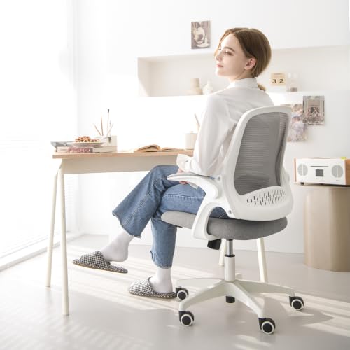 NEO CHAIR Office Desk Gaming Ergonomic Computer Chair with Lumbar Back Support Adjustable Height Swivel Rolling Wheels Flip-up Arms Mesh Chair for Home Vanity (Grey) - color: Grey