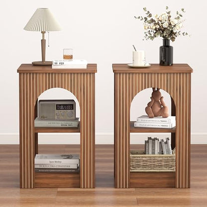 weselon End Table Set of 2, Mid-Century Modern Side Table with 3-Tier Storage Shelves and Arched Carving Lines, Square Fluted Nightstand for Living Room, Bedroom, or Office (2, Walnut) - color: Walnut