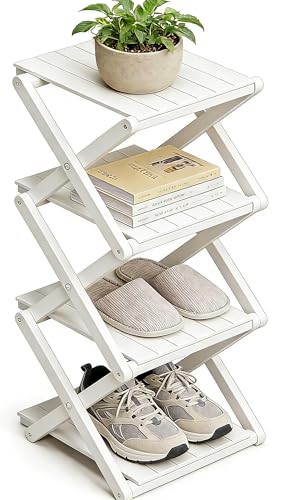 Bamboo Shoe Rack - No Assembly Required, Tall Narrow Foldable Shoe Organizer, Space-Saving Multifunctional Shelf for Entryways, Corners, Bedrooms, Balconies, 4 Layer White (Reinforced And Thickened ) - color: White, size: 4 Layers
