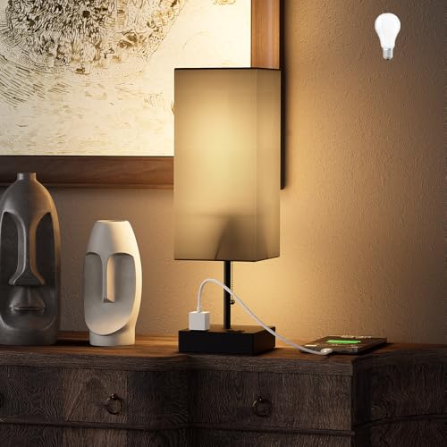 YIDPU Table Lamp for Bedroom with USB,Bedside Lamp with USB C+A Charging Ports,Adjustable 3color LED Light for Home Decor/Nightstand/Office,Included Bulb and Fabric Lamp Shade (Linen Black, 1PCS) - color: Linen Black, size: 1PCS