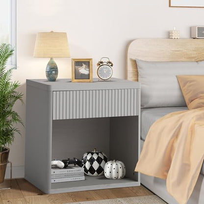 23" Fluted Nightstand, Large Bed Side Table End Table with Drawer | Mid Century Modern Bedside Night Stands with Storage for Bedroom Living Room Sofa Couch Office, White Alder