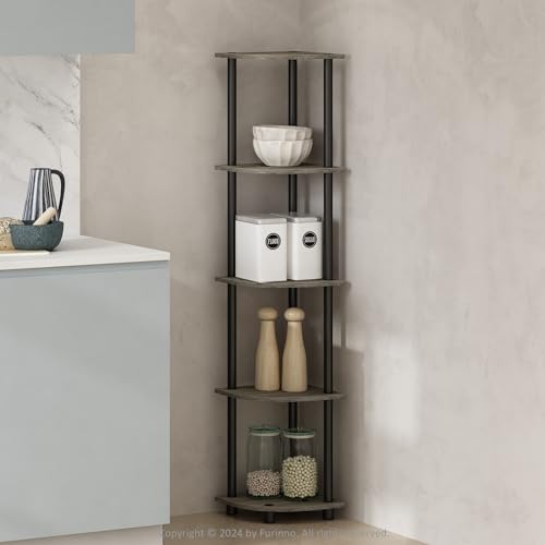 Furinno Turn-N-Tube Storage Shelves, 5-Tier Book Shelf, Corner Shelf, Toolless Open Shelves, for Organization and Storage, Living Room, Home Office, Hallway, Bedroom, French Oak - color: French Oak/Black, size: 5-Tier Corner (11.6 x 11.6 x 57.7 inches)