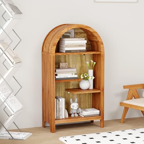 43.3" Tall Freestanding Arched Wooden Bookshelf with 4-Tier Shelf, Modern Asymmetrical Open Shelf Display Curved Book Case, Entryway Accent Short Arched Bookcase for Office, Kitchen, Living Room - color: Asymmetrical Walnut 43.3"