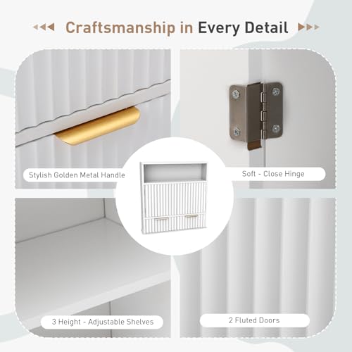 Bathroom Wall Cabinet with Fluted Design, Adjustable Shelves & Soft-Close Hinges, Hanging Storage Cabinet with Open Cubby & Drawers for Toiletries, Towels, Bathroom Organization (White)
